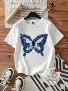 Attitoon 休閒寬鬆蝴蝶圖案圓領女短袖T恤，夏季完美穿搭