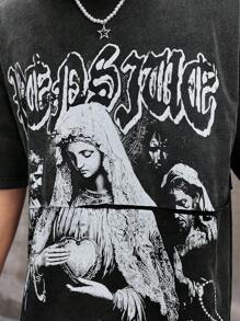 ROMWE MEN Street Life 男士夏季休闲图形字母印花 T 恤 - 黑色 - 查看 2