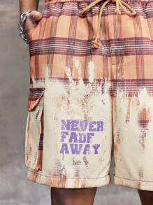 ROMWE MEN Street Life Pantalones cortos con bolsillos cargo y estampado a cuadros con cordón en la cintura para hombre