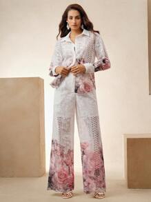 Anewsta Completo elegante e di nicchia con blusa a maniche lunghe con stampa floreale colorata in pizzo e pantaloni a zampa, adatto per primavera/estate, festival, vacanze