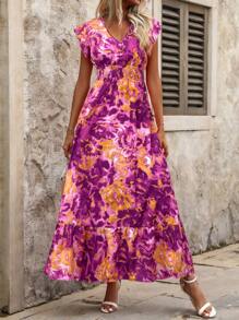 SHEIN Clasi Dopamine Inspired Orange Floral Vacation Summer Dress - Purple - View 4