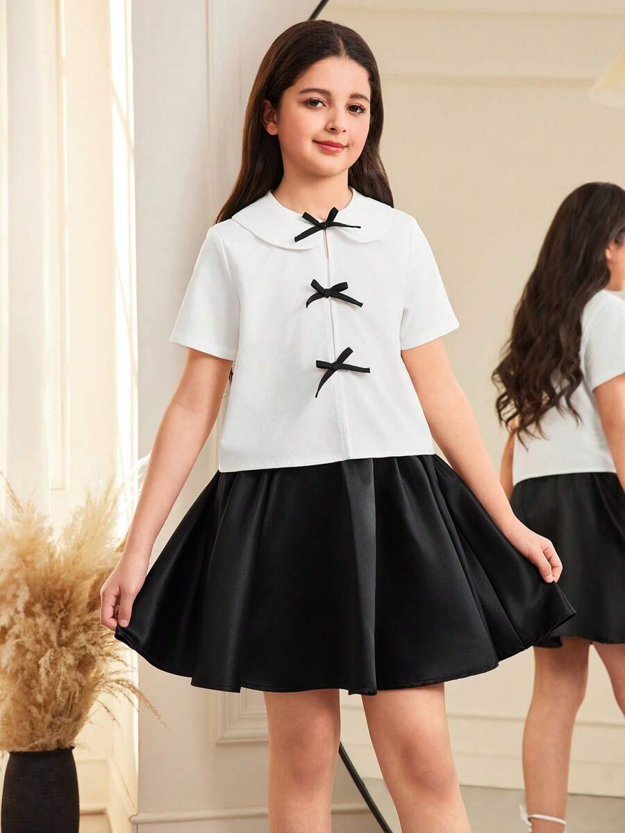 SHEIN 青少年女孩休闲学院风彼得潘领拼色蝴蝶结装饰可爱短袖白色衬衫 - 白色 - 查看 1