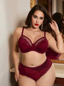 SHEIN Lace & Mesh Panel Padded Minimizer Plus Size Bra & Wireless Bra - Burgundy - View 4
