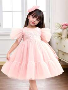 Young Girl Adorable Summer Floral Pattern Mesh Ruffle Hem Dress - Pink - View 2