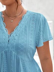 SHEIN Frenchy Plus Ruffle Trim Contrast Lace Butterfly Sleeve Doll Tee - Blue - View 6