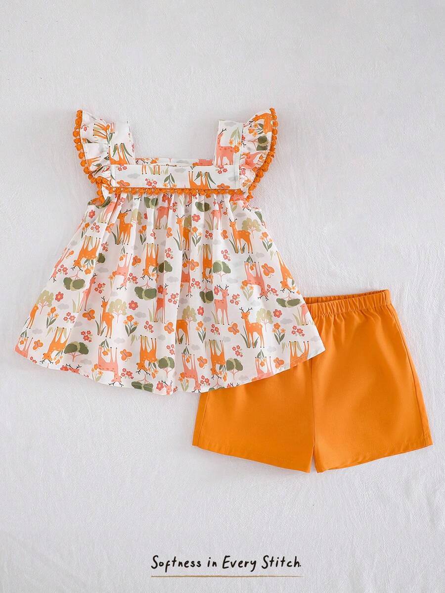 Cozy Pixies 2pcs/Set Baby Girl Floral Decor Ruffle Collar Short Cap Sleeve Top And Elastic Waist Shorts Set - Yellow - View 1