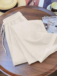 Franclia Pantalones casuales de pierna ancha recta con cintura elástica y estampado de estrella plateada - Albaricoque - Ver 2