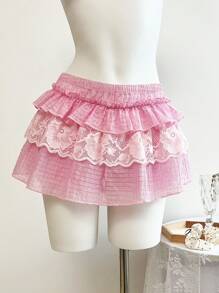 Elamini Women's Mini Ruffle Hem Textured Lace Skirt Shorts - Baby Pink - View 1