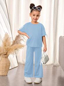 SHEIN Leap Crew Young Girl Solid Color Knitted Crew Neck Loose T-Shirt And Loose Pants 2 Pieces Set - Blue - View 4