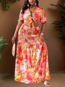 Slaydiva Plus Size Vacation & Party & Elegant Sexy 2pcs Set: Fitted Short Sleeve Shirred Tie-Knot Ruffle Patchwork Top And Long Layered Ruffle Hem Skirt, Summer - Multicolor - View 5