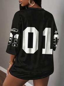 休闲简约字母与数字“01”图案女式T恤，适合夏季 - 黑色 - 查看 2
