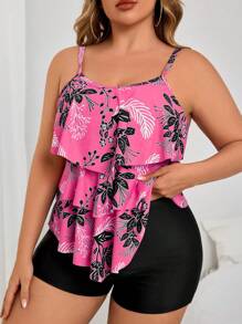 Swim Lushoire Plus Size 2pcs Set Women Floral Print Round Neck Multi-Layered Ruffle Hem Top & High Waist Black Shorts Bikini Swimsuit - Multicolor - View 1
