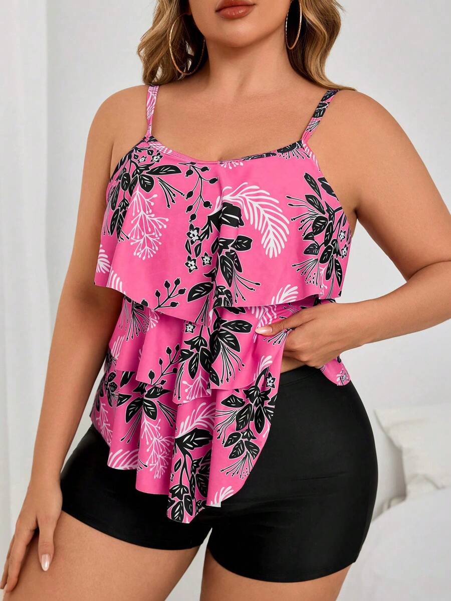 Swim Lushoire Plus Size 2pcs Set Women Floral Print Round Neck Multi-Layered Ruffle Hem Top & High Waist Black Shorts Bikini Swimsuit - Multicolor - View 1