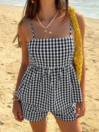 Jouncy New French Style Casual Fashion Waist-Cinching Plaid Camisole And Shorts Set For Women