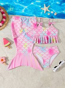 Young Girl Pinky Simple Fashion Beautiful Mermaid Printed Swimsuit Set, Random Print - Pink - View 5