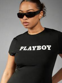 MISSGUIDED PLUS x Playboy Body short grande taille pour le sport, Unitard, justaucorps court à manches courtes pour l'entraînement, l'exercice, la fitness, la danse, la gymnastique, le cyclisme. Combinaison compressée et élastique en 1 pièce seul morceau.