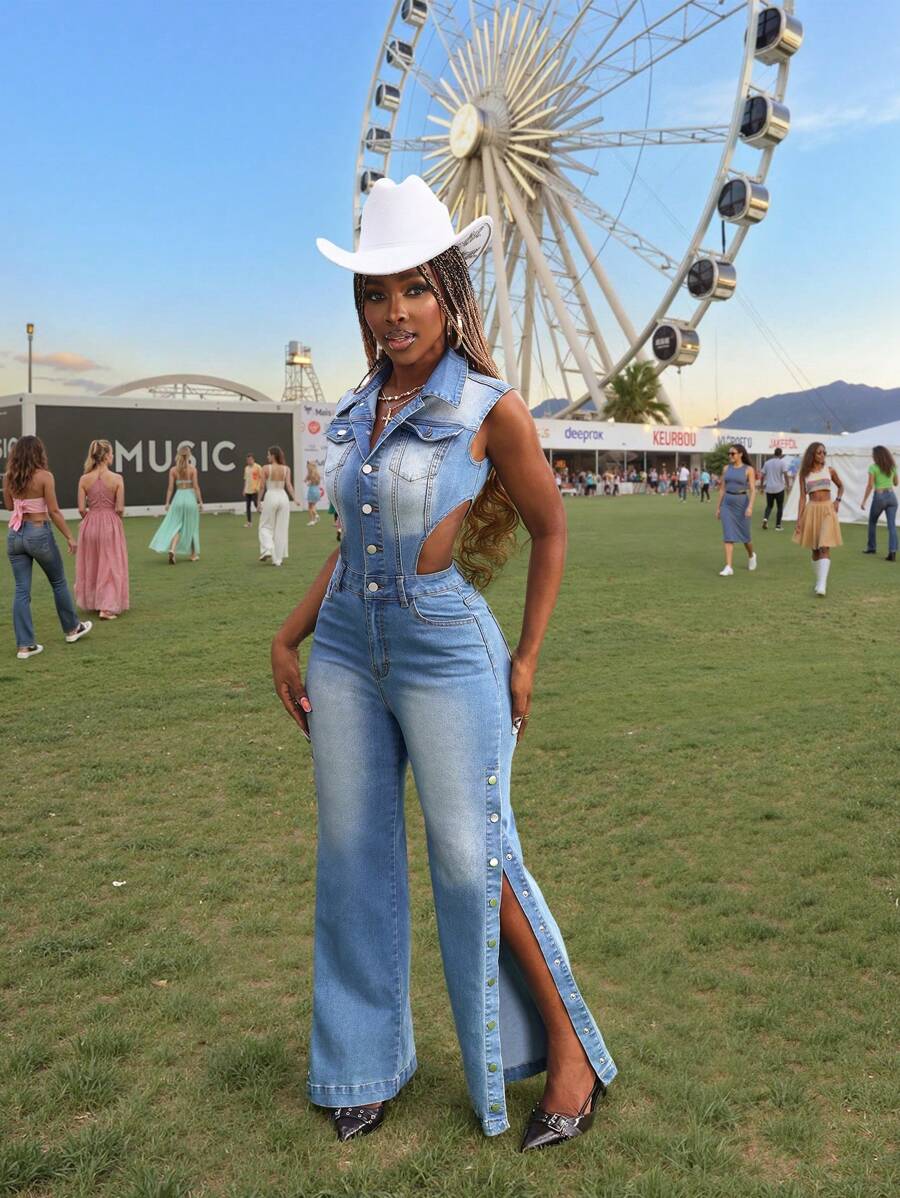 Slaydiva 女士休闲无袖牛仔连体裤，侧边镂空，单排扣 - 藍色 - 查看 1