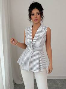 Gloray Áo sơ mi công sở kẻ sọc có cổ, vừa vặn với eo, đa năng, thoải mái cho nữ - Đen và trắng - Xem 5