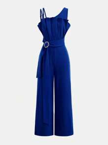 SHEIN Girlism Teen Girl Blue Asymmetric Ruched Elegant Jumpsuit, Suitable For Holidays, Parties, Formal Elegant Occasions, Back To School Season, Graduation Ceremony, Birthday Parties, Flower Girl Weddings, Formal Events, Elegant, Bow Back, Big Bow, Wedding, Wedding Guest, Flower Girl