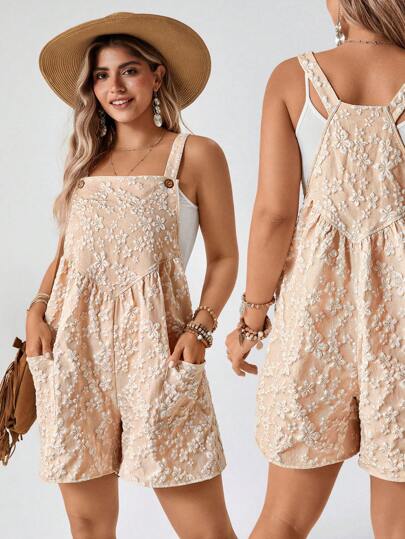 SHEIN LUNE Plus-Size Summer Outfits For Women Summer Khaki Jacquard Fabric Sleeveless Suspenders With Side Pockets Designed For Everyday Casual Romper Concert Outfit Women  Jumpsuit