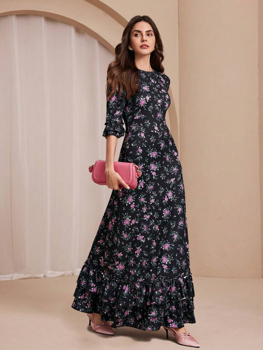 Chiquease 女士优雅修身碎花荷叶边下摆连衣裙 - 彩色 - 查看 1