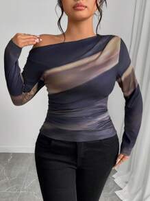 EMERY ROSE Plus Size Women Tie-Dye Print Asymmetric Neck Ruched Long Sleeve T-Shirt, Spring Fall Cloth For Women - Multicolor - View 6