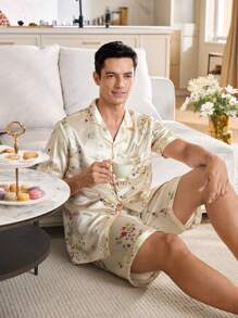 Manfinity Flower Print Collared Cardigan Men's Pajamas Set - Apricot - View 8