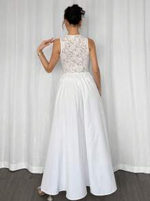 Firerie Long White Lace Patchwork V-Neck Asymmetrical Waist A-Line Dress For Women, Suitable For Commuting, Elegant, Sexy, Vacation, Beach, Hawaii, Romantic, Dating, Valentine's Day, Concerts, Wedding Season - White - View 6