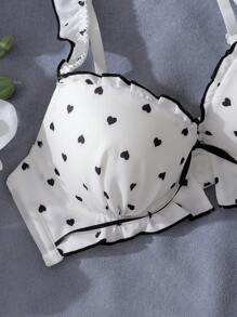Dream Adore Fresh, Innocent, Cute Polka Dot Bow Contrast Color 3/4 Cup Underwired Molded Cup Bra With Ruffle Trim, Women's Lingerie Bra In Black & White Bowknot