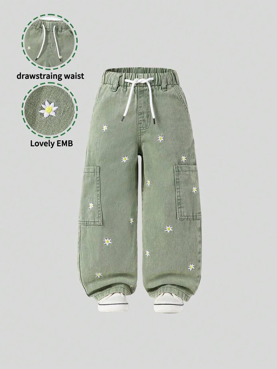 SHEIN Young Girl Adjustable Waist Sweet Floral Embroidered Pockets Loose & Comfortable Straight Leg Denim Long Pants, Light Blue, School, Campus, College - Green - View 1
