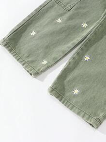 SHEIN Young Girl Adjustable Waist Sweet Floral Embroidered Pockets Loose & Comfortable Straight Leg Denim Long Pants, Light Blue, School, Campus, College - Green - View 4