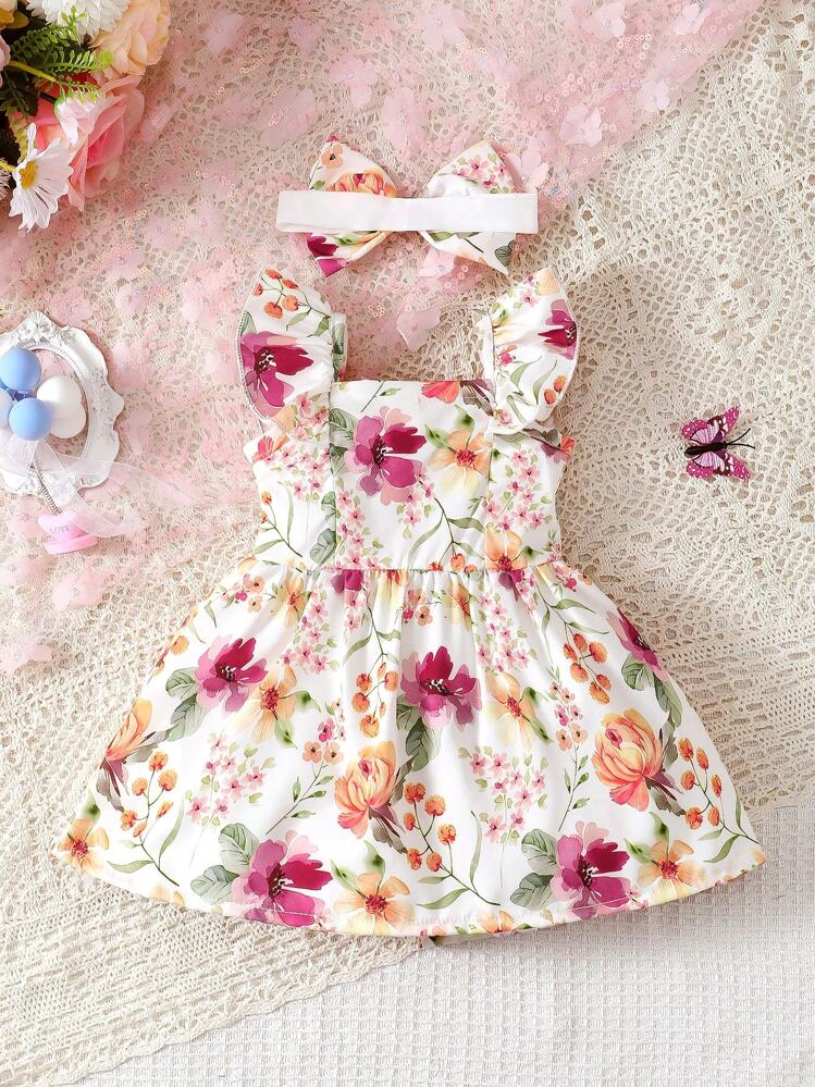 SHEIN Set de 2 piezas para bebé niña: vestido de verano con mangas de capa, tirantes de espagueti, estampado floral acuarelado encantador y diadema - Multicolor - Añade 2