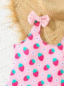 Tween Girls Strawberry Print One-Piece Swimsuit, Random Print - Pink - View 3