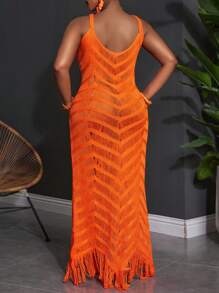Slaydiva 大码夏季无袖镂空透明超长度假修身连衣裙 - 亮橙色 - 查看 2