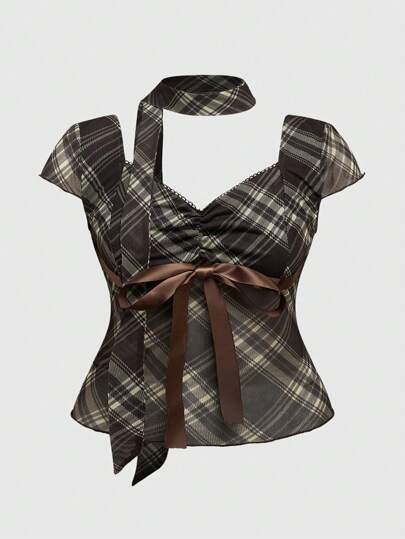 J-Fashion Blouse décorée d'écharpe en maille à imprimé à carreaux, pour femmes grande taille, tenue de bureau