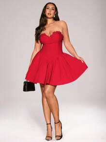 SHEIN BAE Plus Size Women Red Lace Trim A-Line Dress, Evening Gown - Red - View 7