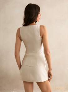 SHEIN Tall 女士西装马甲+西装裙两件套，夏季套装 - 杏色 - 查看 2