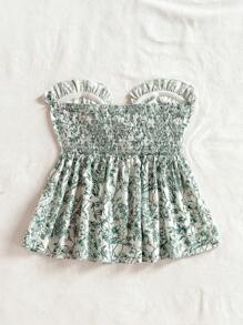 Soleia Vacation Casual Tie-Up Cinched Waist Ruffle Hem Bandeau Top - Green - View 2