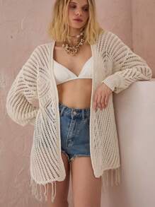 RueChic Fringe Hem Drop Shoulder Open Knit Cardigan - Apricot - View 4