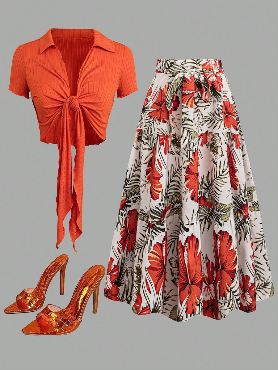 Flirla Plus Size Women 2 Pieces Set: Elegant Floral Print Tied Waist Short Sleeve Cropped Top & Mini Skirt, Sexy Casual For Spring/Summer