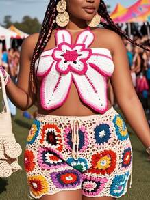 Slaydiva Ensemble top ras-du-cou à dos ouvert et short fleuri pour femmes grande taille - Multicolore - Voir 1