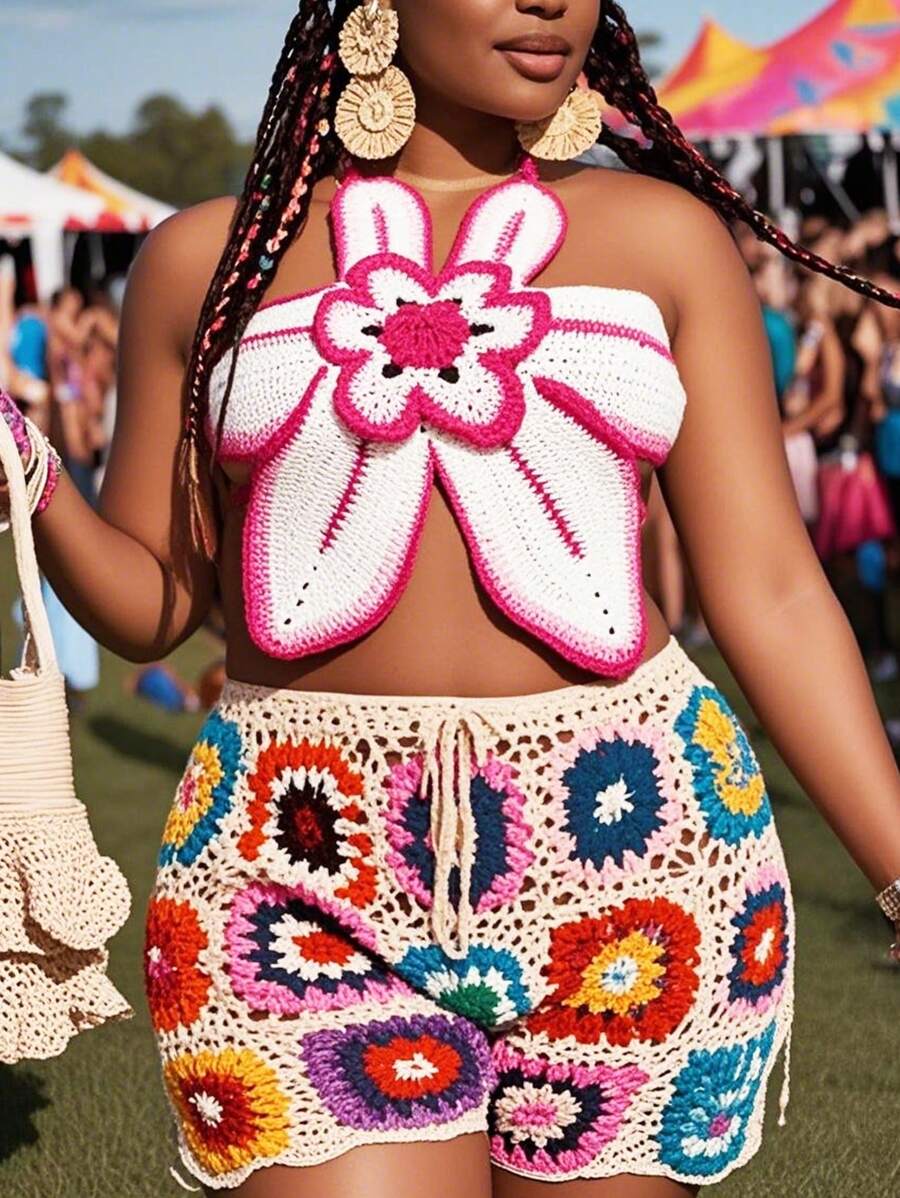 Slaydiva Ensemble top ras-du-cou à dos ouvert et short fleuri pour femmes grande taille - Multicolore - Voir 1