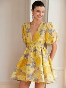 Aveloria Rosie Đầm Maxi Dáng Chữ A Tay Cánh Hoa Cổ Chữ V Sâu Phối Ren Organza Jacquard Họa Tiết Hoa Cao Cấp Cho Nữ Phong Cách Thời Trang Du Lịch Boho In Họa Tiết Màu Vàng Cho Mùa Hè - Màu vàng - Xem 4