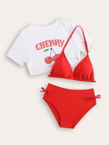 SHEIN Sparklyn 新款時尚青少年女孩純色拼接印花3件式泳衣套裝 - 紅色 - 查看 1