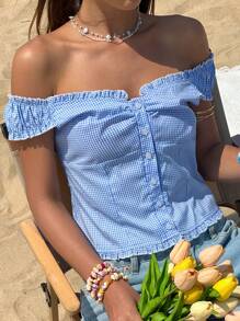 Jouncy Top à une épaule en tartan, à volant, à simple boutonnage pour femmes