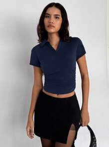 SHEIN Essnce 女款 V 领短袖 T 恤，夏季插肩袖修身休闲 Polo 衫 - 藏蓝色 - 查看 3