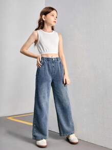 SHEIN Tween 女童轻度洗水休闲直筒牛仔裤，百搭时尚的日常休闲服装 - 中等水洗藍 - 查看 6