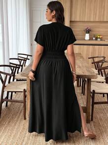 Breezaya Plus Size V-Neck Solid Color Short Sleeve Casual Dress, Suitable For Summer BASICS - Black - View 2