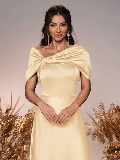 SHEIN Belle Women's Elegant & Romantic Sage Green Satin Off Shoulder Twist Knot Asymmetrical Bow A-Line Bridesmaid Dress, Suitable For Wedding Events