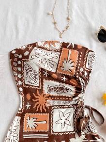 Soleia Summer Beach Vacation Island Element Print Drawstring Waist Hollow Out Fitted Tube Dress, Holiday Date Night, Afternoon Tea,Dresses For Women Summer